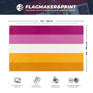 A mockup depicting custom flag specifications and measurements for 'futch lesbian flag'