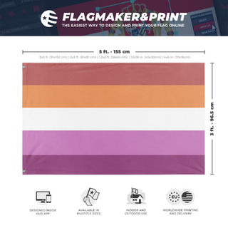 A mockup depicting custom flag specifications and measurements for 'pastel lesbian flag'