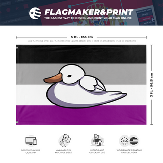 A mockup depicting custom flag specifications and measurements for 'Ace Duck Flag'