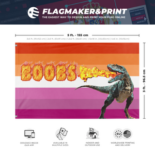 A mockup depicting custom flag specifications and measurements for 'lesbian dinosaur flag'