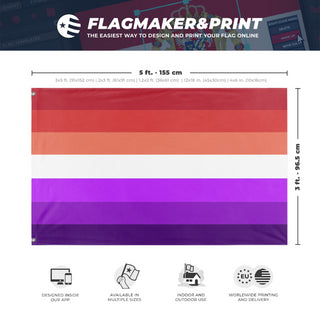 A mockup depicting custom flag specifications and measurements for 'ace lesbian flag'