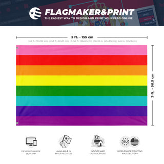 A mockup depicting custom flag specifications and measurements for 'Original 8 Stripe Gilbert Baker Rainbow Pride Flag'