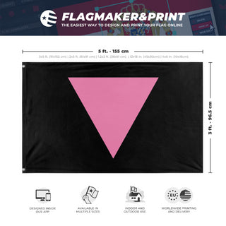 A mockup depicting custom flag specifications and measurements for 'Pink Triangle LGBT Flag'