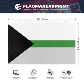 A mockup depicting custom flag specifications and measurements for 'Demiromantic Pride Flag'