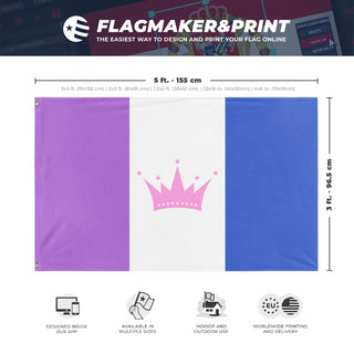 A mockup depicting custom flag specifications and measurements for 'Drag Pride Flag'