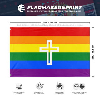 A mockup depicting custom flag specifications and measurements for 'Christian Pride Flag'