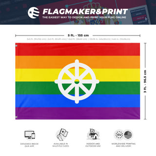 A mockup depicting custom flag specifications and measurements for 'Buddhist Pride Flag'