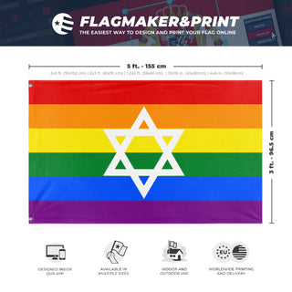 A mockup depicting custom flag specifications and measurements for 'Jewish Pride Flag'