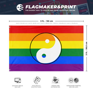 A mockup depicting custom flag specifications and measurements for 'Taoist Pride Flag'