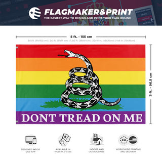 A mockup depicting custom flag specifications and measurements for 'Gadsden Pride Flag'