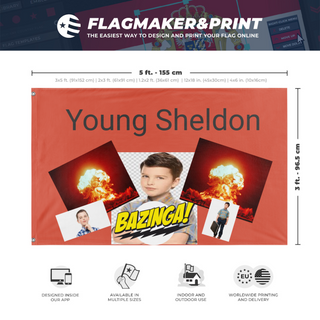 A mockup depicting custom flag specifications and measurements for 'Young Sheldon flag'