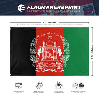A mockup depicting custom flag specifications and measurements for 'Flag of Afghanistan flag'