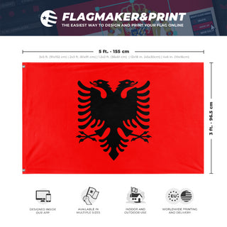 A mockup depicting custom flag specifications and measurements for 'Flag of Albania flag'