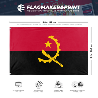 A mockup depicting custom flag specifications and measurements for 'Flag of Angola flag'