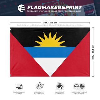 A mockup depicting custom flag specifications and measurements for 'Flag of Antigua and Barbuda flag'
