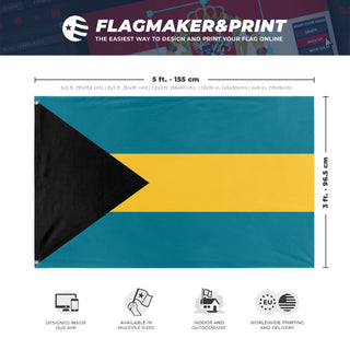 A mockup depicting custom flag specifications and measurements for 'Flag of Bahamas flag'