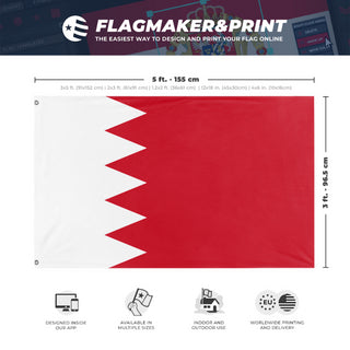 A mockup depicting custom flag specifications and measurements for 'Flag of Bahrain flag'