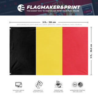 A mockup depicting custom flag specifications and measurements for 'Flag of Belgium flag'