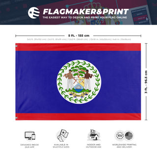 A mockup depicting custom flag specifications and measurements for 'Flag of Belize flag'
