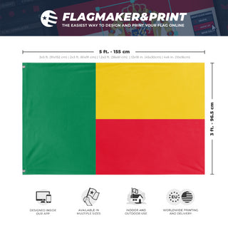 A mockup depicting custom flag specifications and measurements for 'Flag of Benin flag'