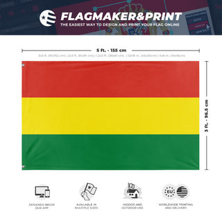 A mockup depicting custom flag specifications and measurements for 'Flag of Bolivia flag'