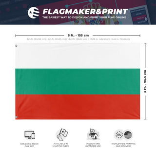 A mockup depicting custom flag specifications and measurements for 'Flag of Bulgaria flag'