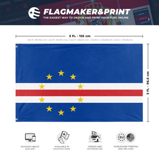 A mockup depicting custom flag specifications and measurements for 'Flag of Cabo Verde flag'
