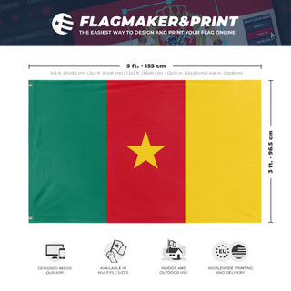 A mockup depicting custom flag specifications and measurements for 'Flag of Cameroon flag'