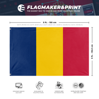 A mockup depicting custom flag specifications and measurements for 'Flag of Chad flag'