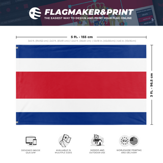 A mockup depicting custom flag specifications and measurements for 'Flag of Costa Rica flag'
