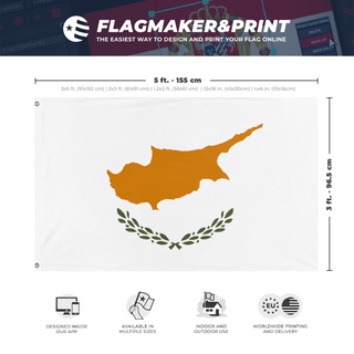 A mockup depicting custom flag specifications and measurements for 'Flag of Cyprus flag'