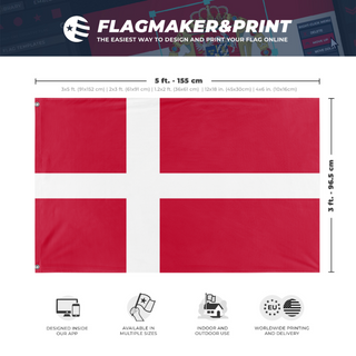 A mockup depicting custom flag specifications and measurements for 'Flag of Denmark flag'