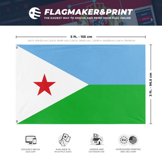 A mockup depicting custom flag specifications and measurements for 'Flag of Djibouti flag'