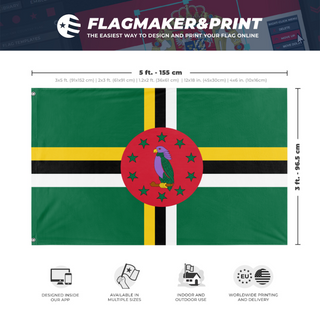 A mockup depicting custom flag specifications and measurements for 'Flag of Dominica flag'