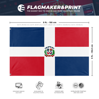 A mockup depicting custom flag specifications and measurements for 'Flag of Dominican Republic flag'
