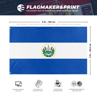 A mockup depicting custom flag specifications and measurements for 'Flag of El Salvador flag'
