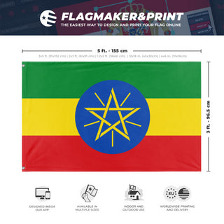 A mockup depicting custom flag specifications and measurements for 'Flag of Ethiopia flag'