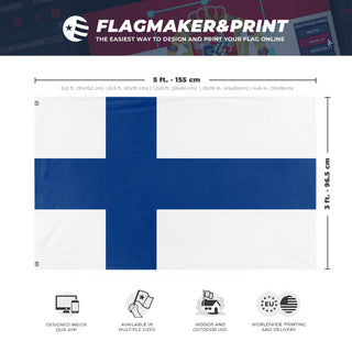 A mockup depicting custom flag specifications and measurements for 'Flag of Finland flag'