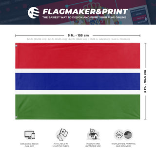 A mockup depicting custom flag specifications and measurements for 'Flag of Gambia flag'