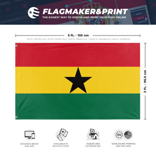 A mockup depicting custom flag specifications and measurements for 'Flag of Ghana flag'