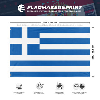 A mockup depicting custom flag specifications and measurements for 'Flag of Greece flag'