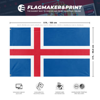 A mockup depicting custom flag specifications and measurements for 'Flag of Iceland flag'