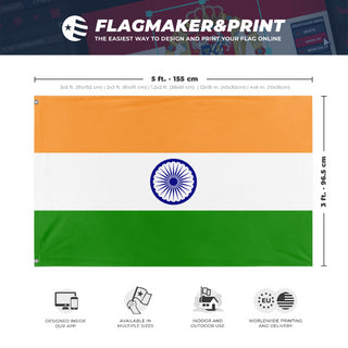 A mockup depicting custom flag specifications and measurements for 'Flag of India flag'