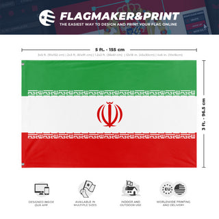 A mockup depicting custom flag specifications and measurements for 'Flag of Iran flag'