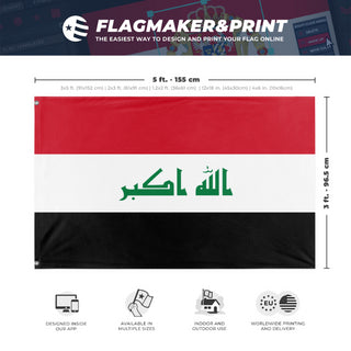 A mockup depicting custom flag specifications and measurements for 'Flag of Iraq flag'