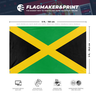 A mockup depicting custom flag specifications and measurements for 'Flag of Jamaica flag'