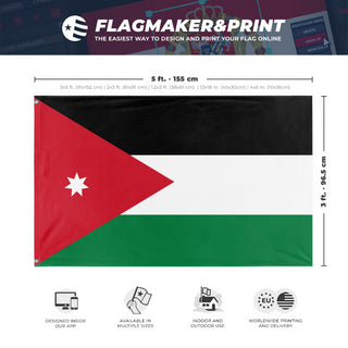 A mockup depicting custom flag specifications and measurements for 'Flag of Jordan flag'