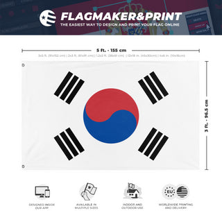 A mockup depicting custom flag specifications and measurements for 'Flag of Korea'