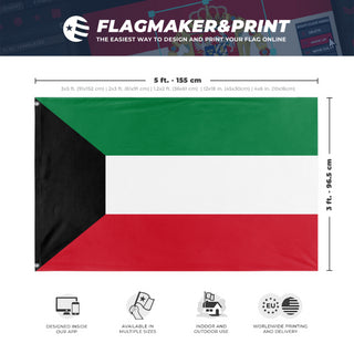 A mockup depicting custom flag specifications and measurements for 'Flag of Kuwait flag'