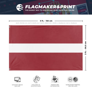 A mockup depicting custom flag specifications and measurements for 'Flag of Latvia flag'